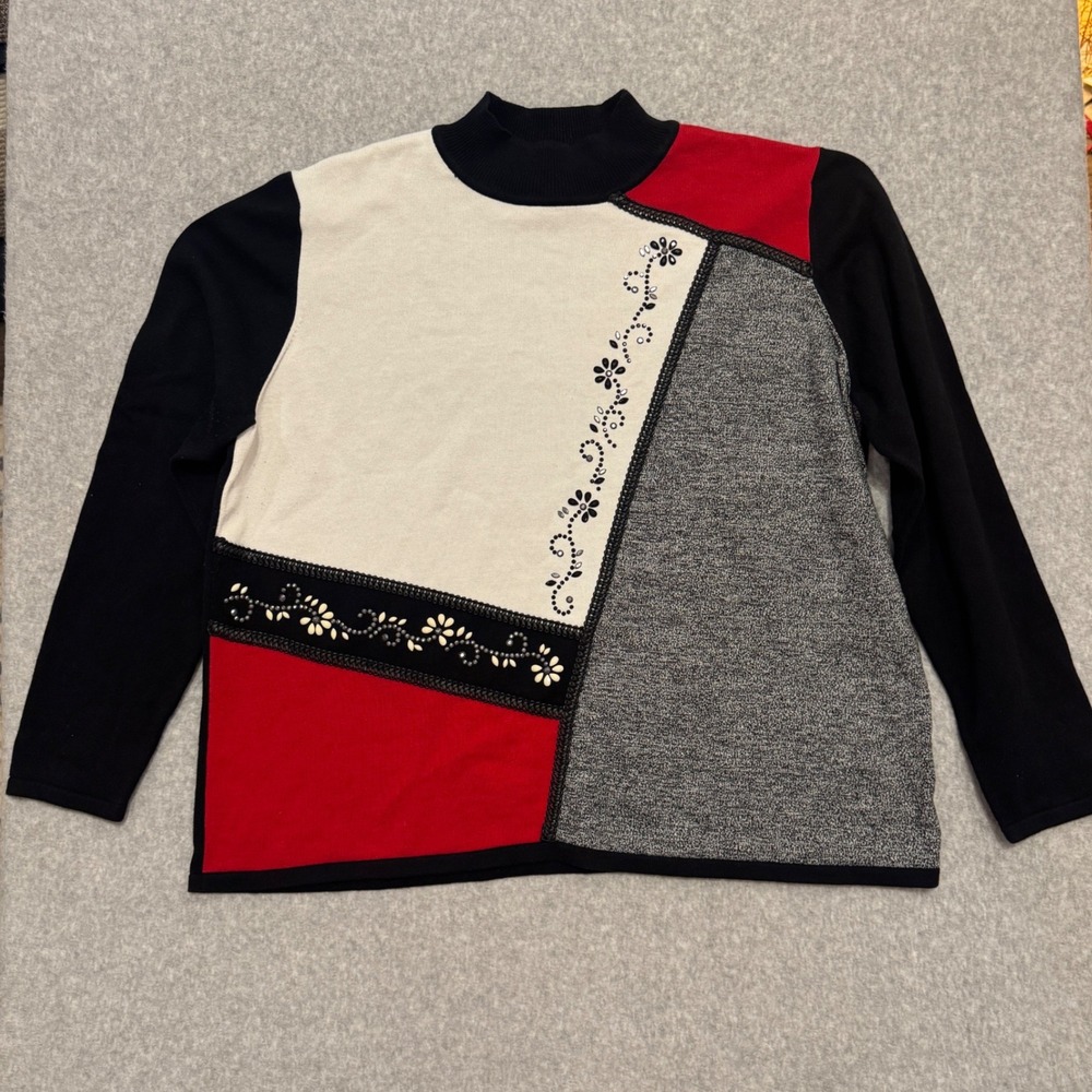 Alfred Dunner XL Colorblock Beaded Floral Mock Neck Sweater Holiday Christmas